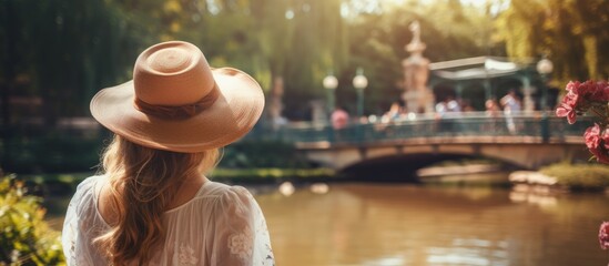 Fototapeta premium Woman with hat relaxing by the water in a historical park surrounded by lush greenery and people enjoying a sunny day outdoors