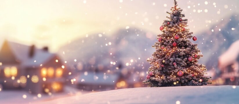 Festive snowy landscape with Christmas tree illuminated by soft lights creating a warm holiday atmosphere in a serene winter scene