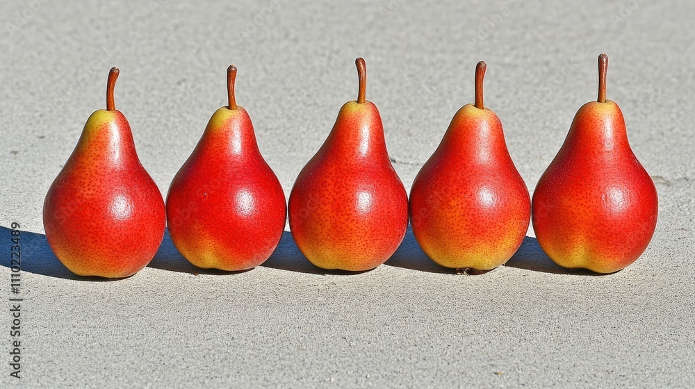 Poster colorful hosui pears arranged neatly on a textured surface showcasing their unique shape and glossy 
