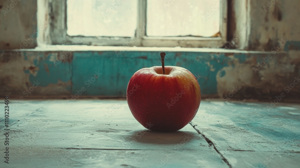 Poster fresh red apple on rustic floor with natural light streaming through vintage window, highlighting it