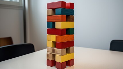 Colorful wooden block stacking game displayed vertically on a table setting with a minimalist background and natural light.