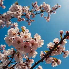 A cluster of cherry blossoms against a clear blue sky.