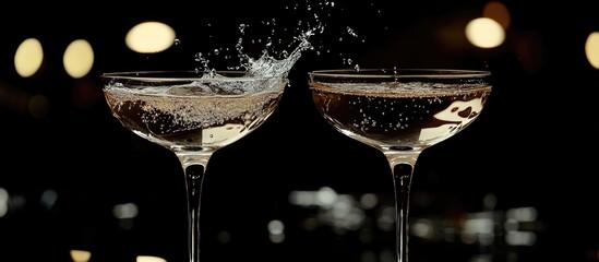 Champagne glasses splashing in celebration with a festive illuminated background perfect for New Year or special occasion themes