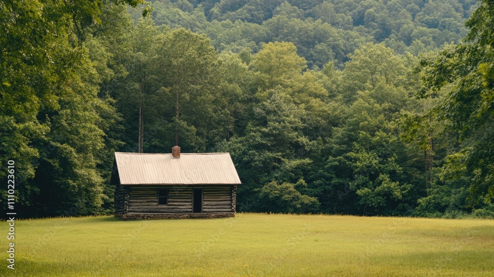 Poster abandoned rustic cabin in serene forest landscape surrounded by lush greenery and tranquility of nat