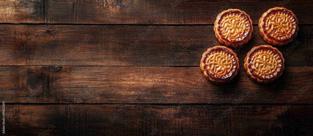 Aufkleber Mung bean moon cakes arranged on a dark wooden table creating an inviting setting for afternoon tea or dessert indulgence.