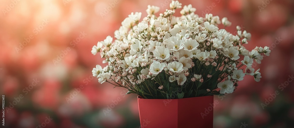 Poster elegant white flower bouquet in a red envelope surrounded by a soft rose-colored background creating