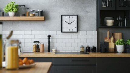 Fototapeta premium A compact square wall clock with rounded edges, blending seamlessly into a sleek modern kitchen