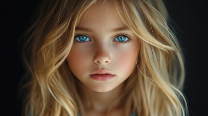 Fototapeta premium Portrait of a young blonde girl with striking blue eyes and soft features, embodying innocence and beauty against a dark background.