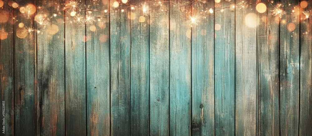 Poster new year celebration backdrop with sparkling bokeh lights on rustic wood texture creating an ideal s