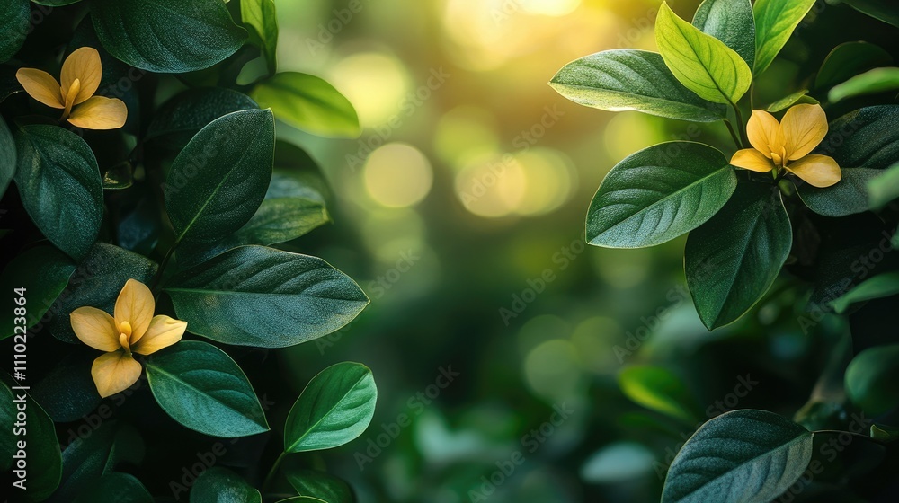 Poster lush green foliage with delicate yellow flowers creating a serene botanical backdrop in soft natural