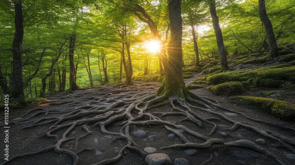 Poster sunlight filtering through lush green trees with intricate roots over rocky terrain in a serene fore
