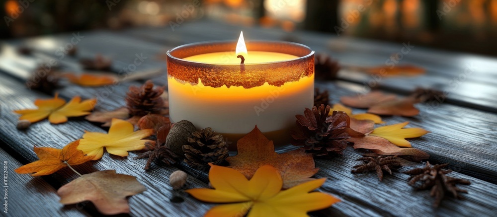 Poster autumn candle surrounded by colorful leaves and pine cones on rustic wooden surface creating a warm seasonal ambiance