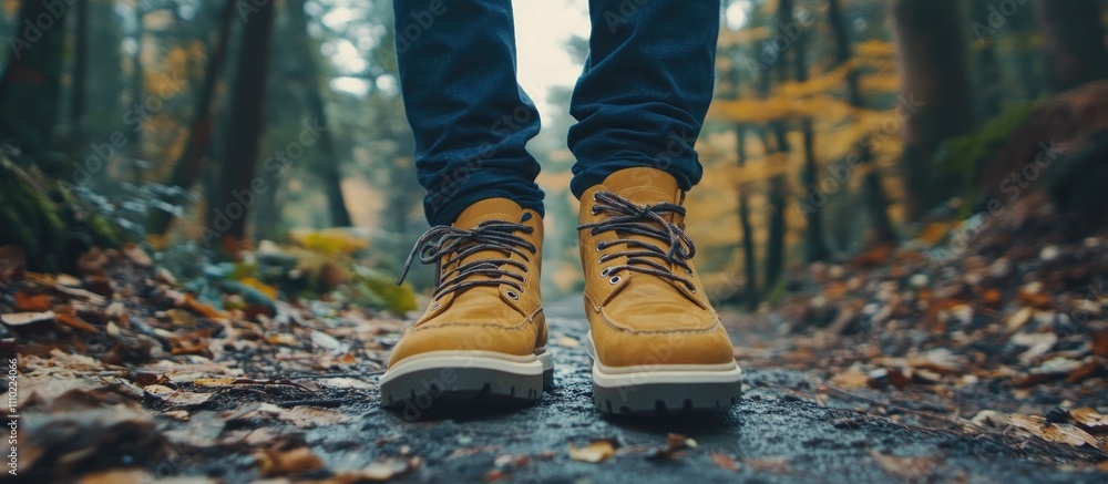 Aufkleber walking shoes on a forest path with bokeh effect capturing the essence of adventure and nature durin