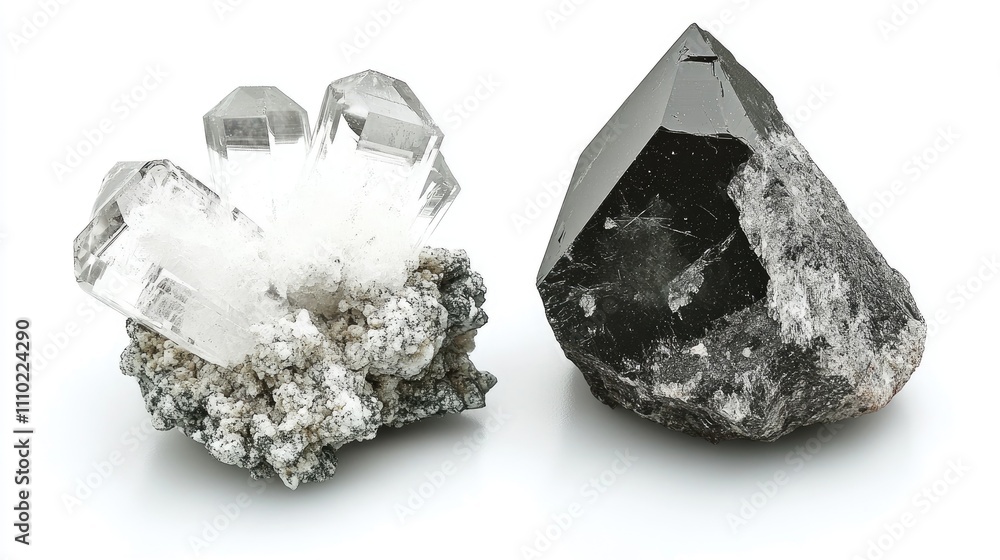 Poster arsenate minerals coni calcite and black crystal display showcasing unique crystal formations on a w
