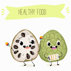 Cherimoya fruit cute funny cheerful characters with different poses and activities. Natural vitamin antioxidant detox food collection. Vector hand drawn illistration.
