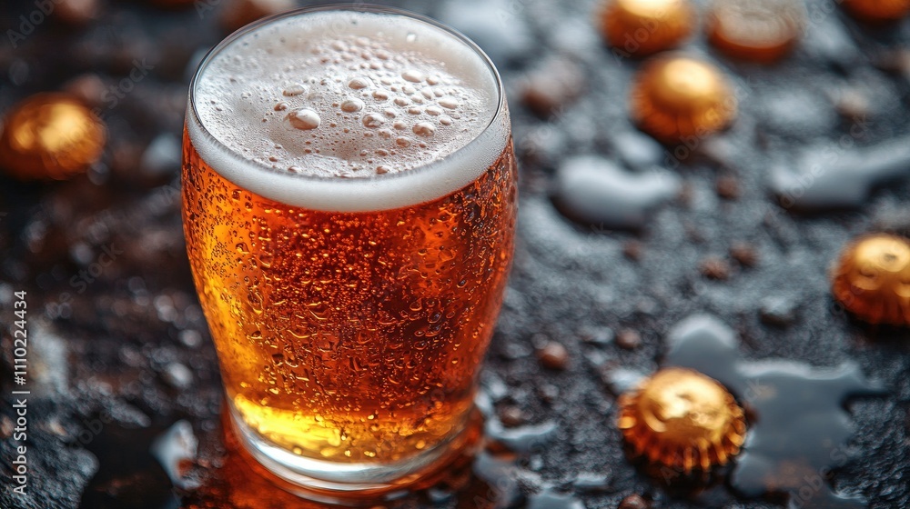 Poster close up of a refreshing beer in a glass with condensation on the surface and bottle caps on a rustic background