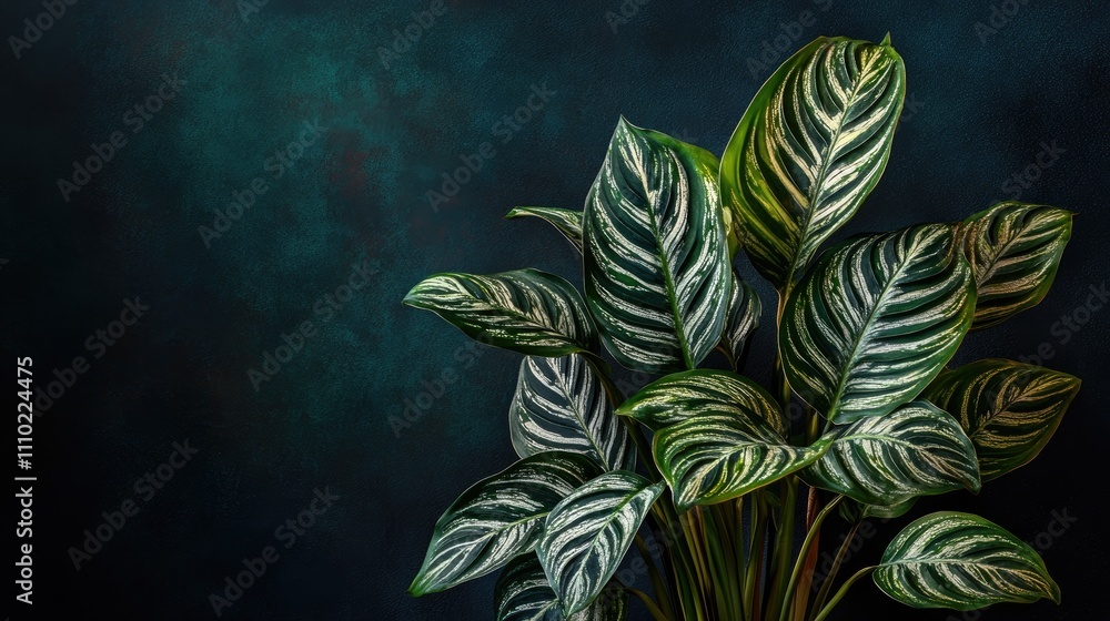 Aufkleber Lush green leaves with intricate patterns set against a dark textured background creating an elegant natural backdrop