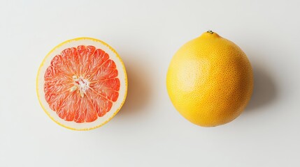 Fototapeta premium Yellow grapefruit whole and halved, displaying vibrant yellow skin and pink flesh, arranged on a clean white background, fresh produce, healthy eating, fruit, still life.