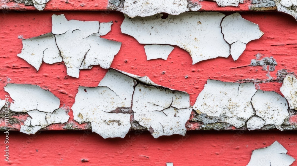 Poster worn and weathered painted iron texture showcasing red background with peeling white paint and rust 