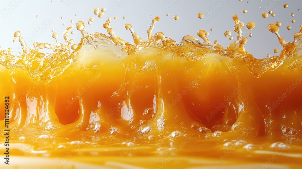 Poster Vibrant orange juice splash on a clean white background with dynamic droplets and waves creating a refreshing and energetic visual effect