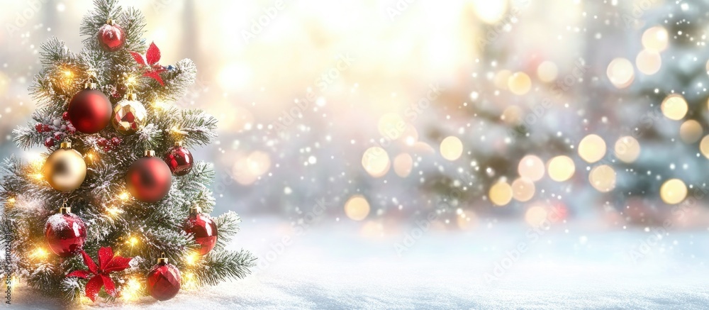 Poster abstract christmas background with blurred octagon lights and decorated tree creating a festive holi