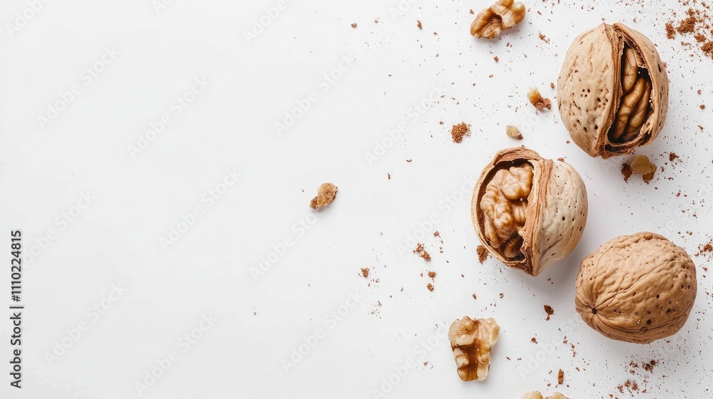 Aufkleber walnuts in shells and broken kernels arranged on a clean white background, emphasizing texture and d
