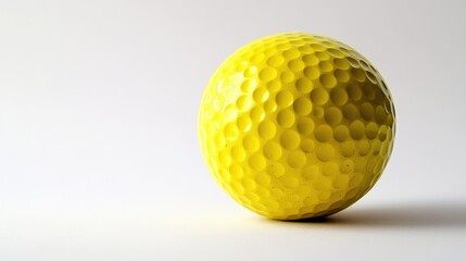 Closeup of a vibrant yellow golf ball on a clean white background highlighting texture and details of the surface.