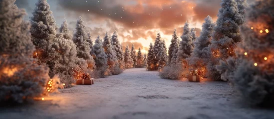Selbstklebende Fototapeten Winter wonderland landscape with snow-covered pine trees and glowing lights at sunset perfect for festive backgrounds and holiday themes © -Quantum Pixels-