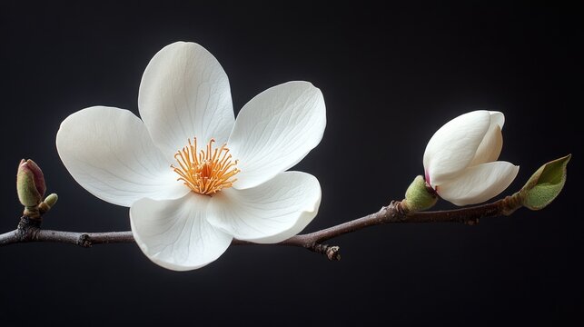 Magnolia flower blossom with a budding flower on a branch against a soft black background highlighting delicate petals and vibrant stamen
