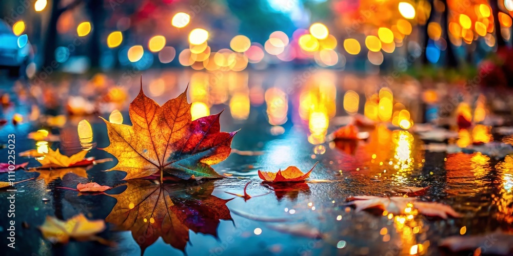 Aufkleber captivating autumn leaves creating intricate patterns on wet pavement with bokeh effect, perfect for