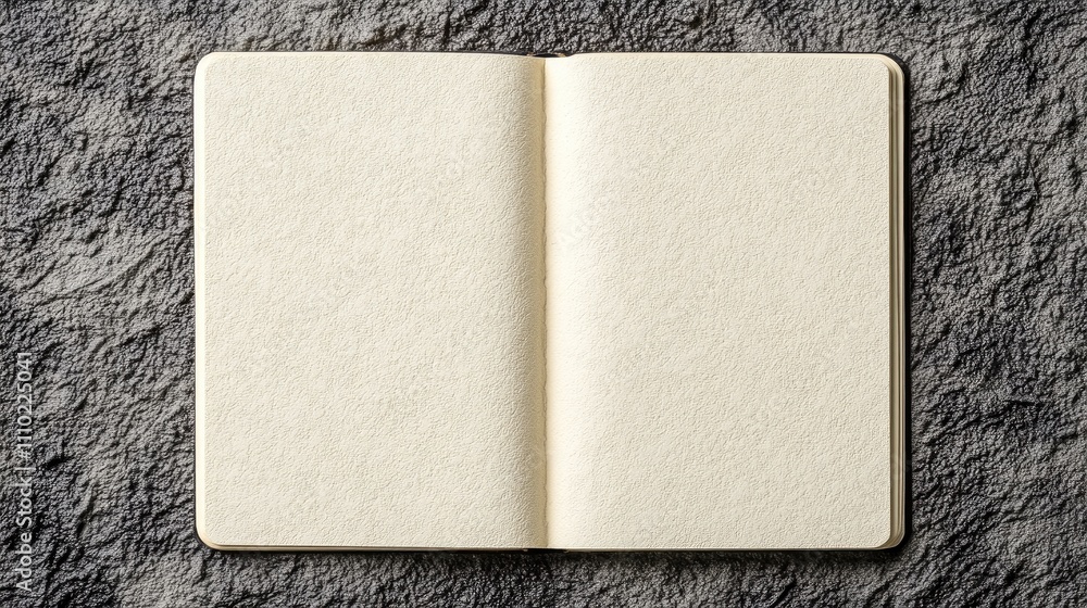 Poster empty notebook on a textured stone background creating a minimalistic and artistic workspace concept for creatives and planners