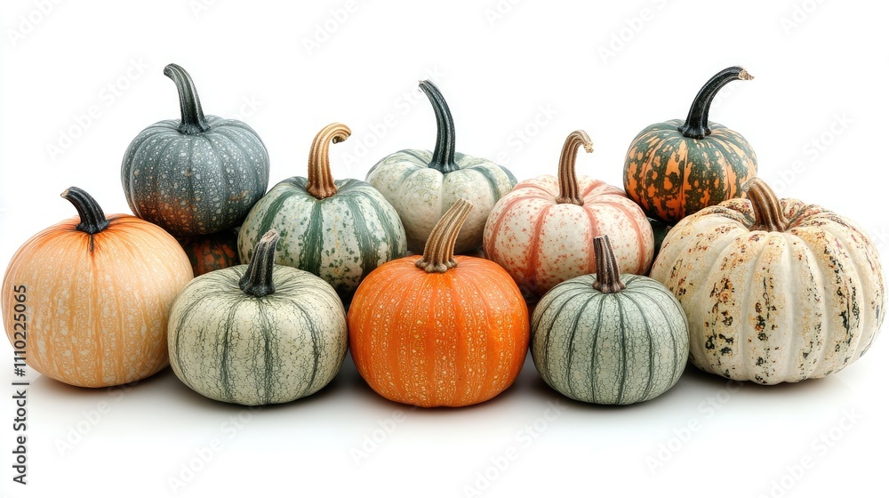 Poster assorted decorative pumpkins and squash arranged on a white background showcasing various colors and