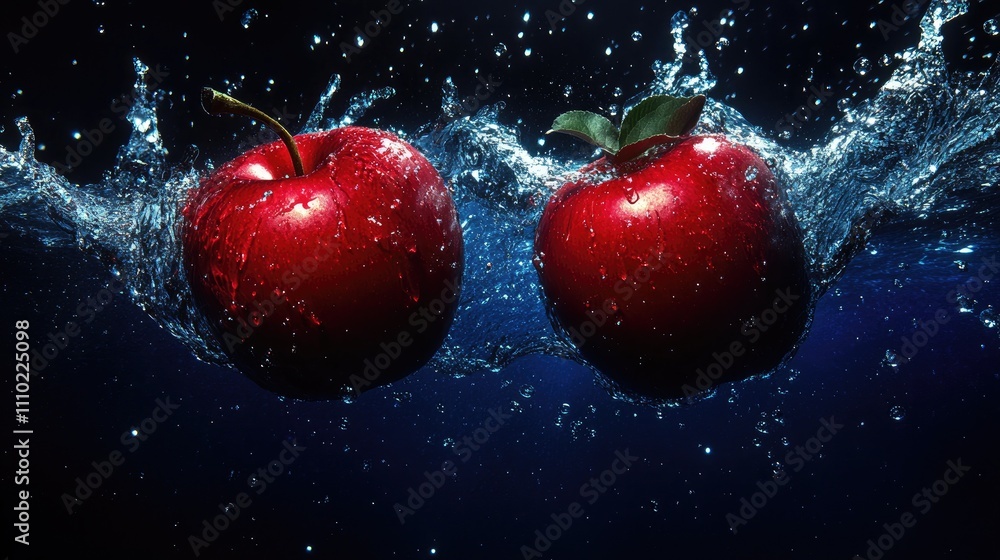 Poster ripe red apples splashing in water against a dark background showcasing freshness and vitality in a 