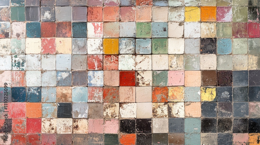 Aufkleber vintage ceramic tile pattern with textured surface featuring a vibrant array of colors and aged elem