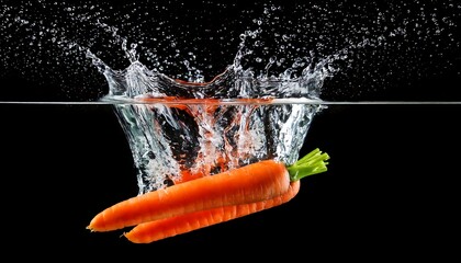 Fresh, vibrant carrots splash into water, creating dynamic ripples against a dark background, showcasing their natural color and freshness.