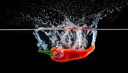 A vibrant red chili pepper splashes into water, creating dynamic ripples against a dark background, showcasing the contrast between colors and textures.
