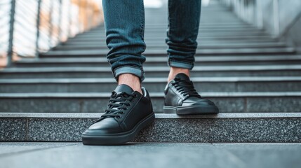 Stylish black leather sneakers on staircase highlighting modern casual fashion and urban lifestyle in contemporary setting