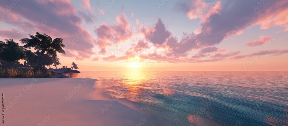 Poster serene sunset over calm ocean waves illuminating a tranquil beach with palm trees casting shadows on
