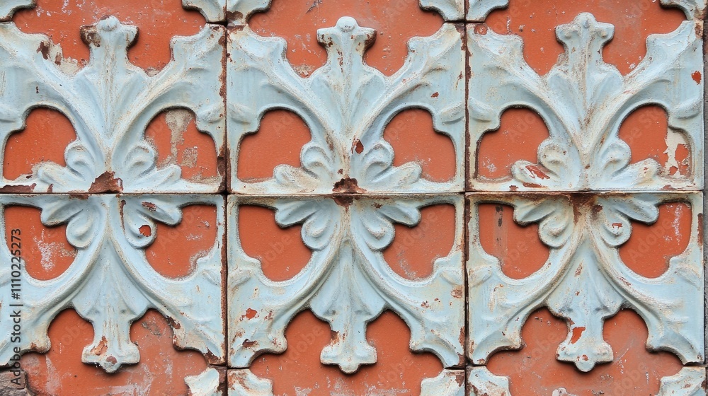 Poster vintage red patterned tile with rust and wear showcasing intricate designs and historical charm in a