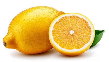A vibrant yellow lemon with a sliced segment, showcasing its juicy interior and green leaf, symbolizing freshness and zest.