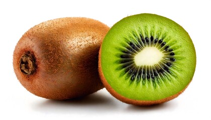 A fresh kiwi fruit, showcasing its brown exterior and vibrant green interior with seeds, highlighting its juicy texture and natural beauty.