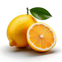 A vibrant lemon with a green leaf, half sliced to reveal juicy, yellow segments, showcasing freshness and zest.