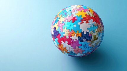An abstract globe composed of interconnected, colorful puzzle pieces, each piece showcasing different cultural patterns
