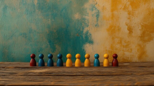 Colorful wooden figurines in a row on a rustic wooden surface promoting children's mental development through traditional play.