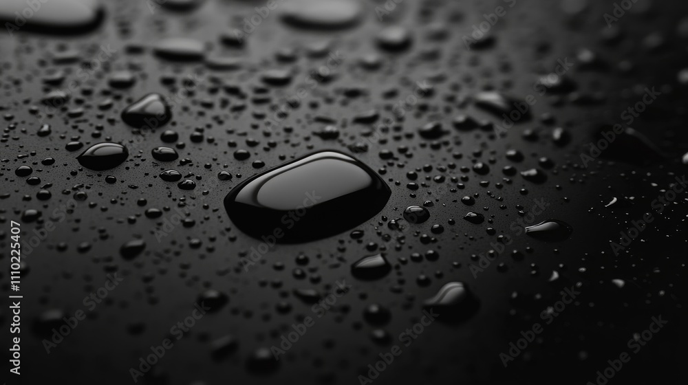 Poster dark and elegant background of water drops on smooth surface with reflection