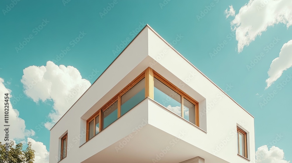 Poster contemporary architecture modern house with large windows under a clear blue sky and fluffy clouds i