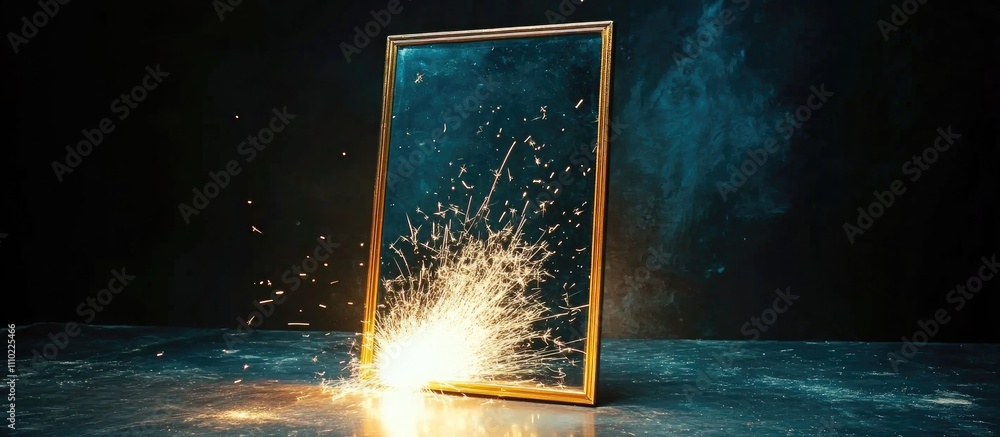 Poster sparklers creating dynamic reflections in a mirror with a dark backdrop showcasing vibrant light eff