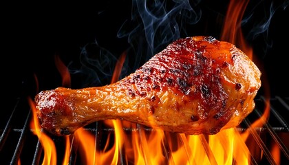 A juicy grilled chicken drumstick sizzling over flames, emitting smoke and showcasing a deliciously charred exterior.