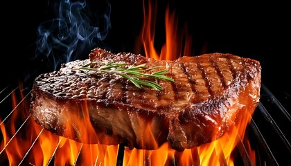 A juicy steak sears over vibrant flames, giving off smoke and showcasing grill marks, garnished with fresh herbs for a delicious touch.