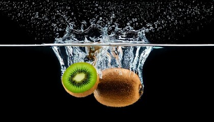 Two kiwis splash into water, creating a dynamic scene with droplets and ripples against a dark background.